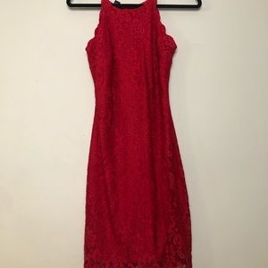 Red Sequin & Lace Scallop Halter Dress